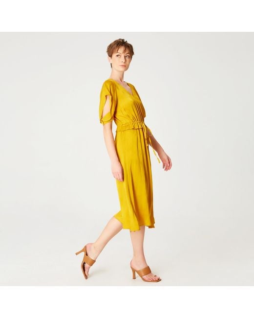 Smart and Joy Yellow V-Neckline Midi Dress With Drawstring Belt