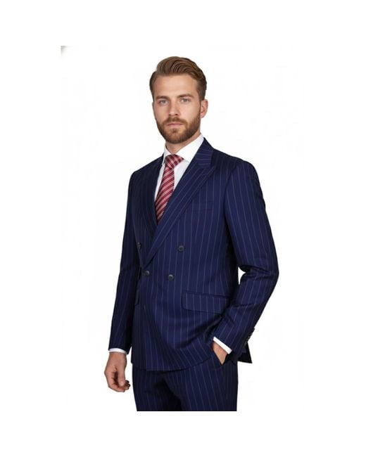 DAVID WEJ Blue Aldo Double Breasted Chalk Stripe Suit for men