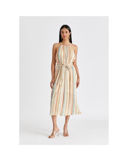 Paisie Natural Halter Neck Plisse Dress With Belt