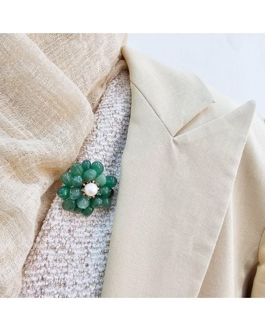 Farra Green Handcrafted Flower Shaped Aventurine Brooch