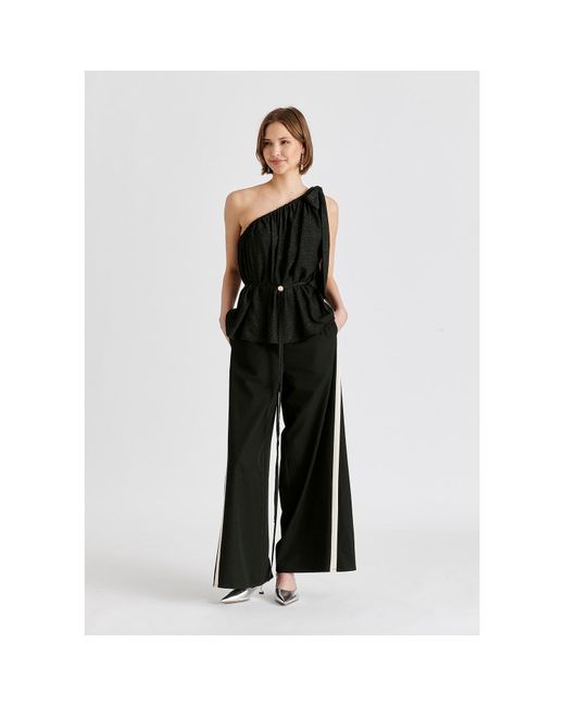 Paisie Black Sparkled One Shoulder Bow Top