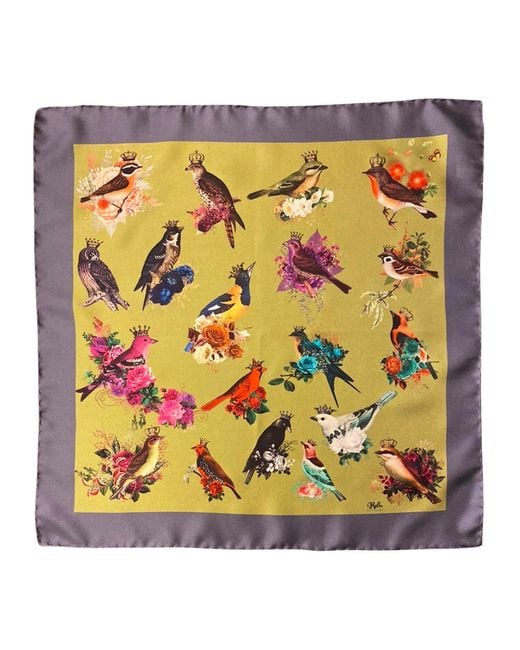 Ralufineart Yellow Silk Twill Pocket Square With Exotic Birds for men