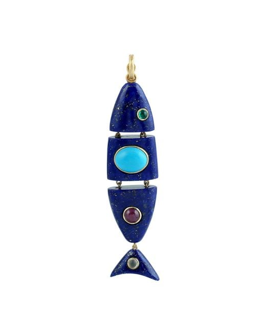 Artisan Blue 14K Lapis Lazuli Fish Pendant With, Emerald, Ruby & Moonstone