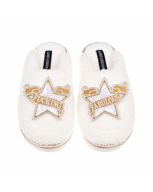 Laines London White Neutrals Teddy Closed Toe Slippers With & Fucking Fabulous Brooches