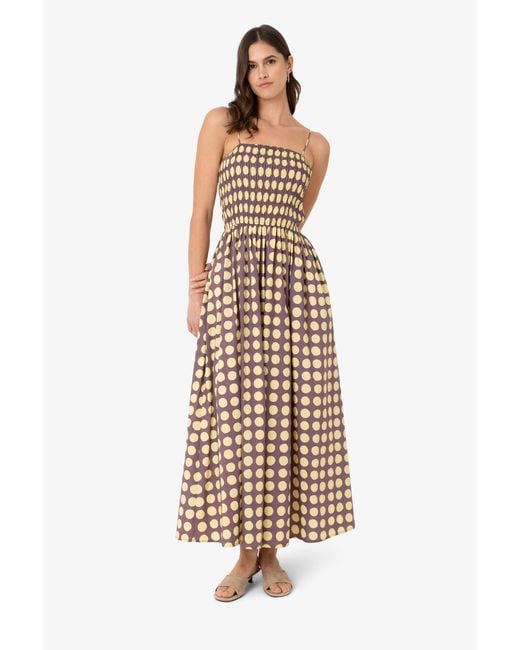 Amy Lynn Natural Darcy & Aubergine Contrast Polka Dot Smocked Midi Dress