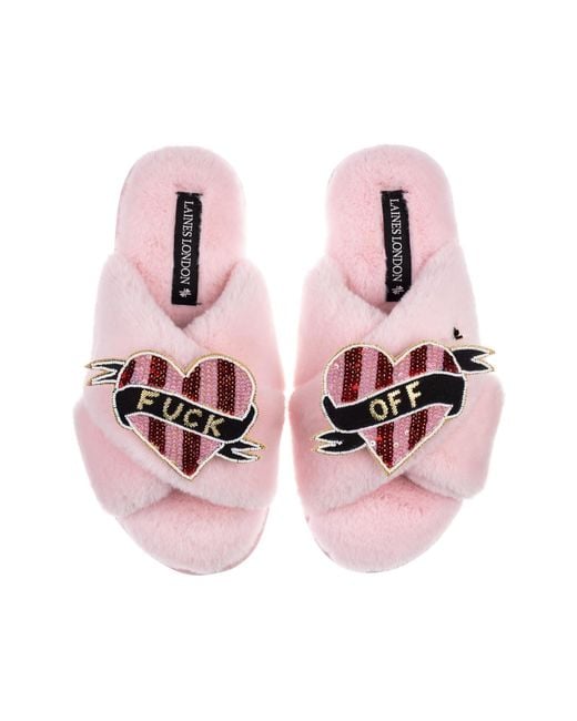 Laines London Pink Classic Laines Slippers With & Stripe Heart Fuck Off Brooches