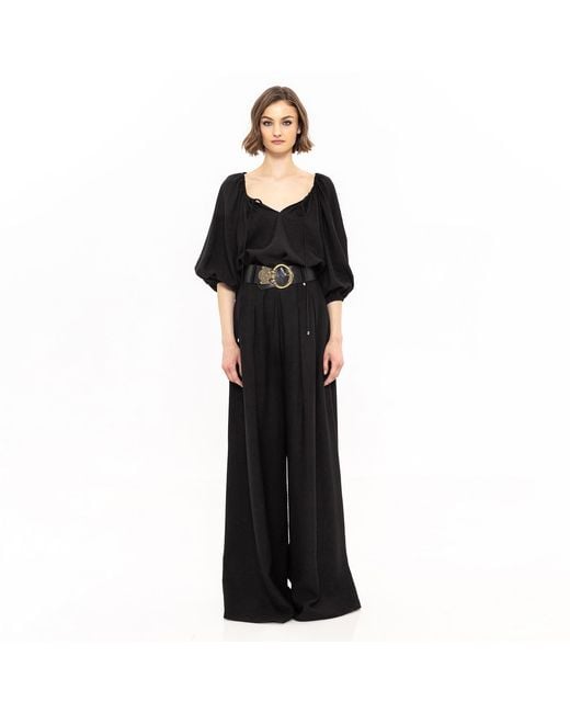 Nissa Black Puff-Sleeve Viscose Top