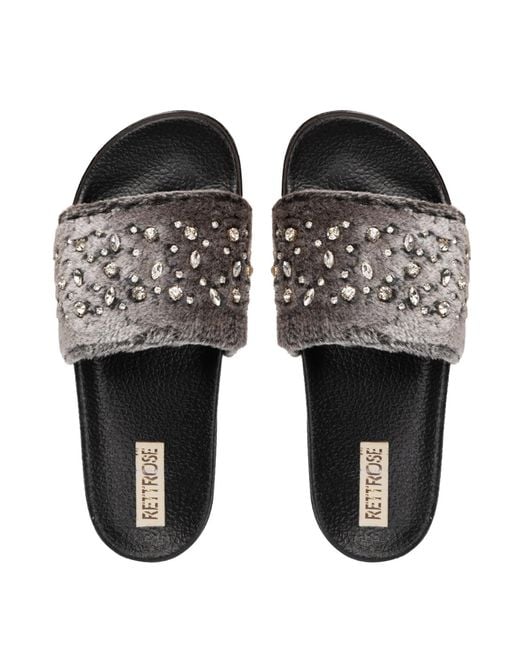 Rettrose Black Sienna Luxury Plush Diamanté Embellished Handmade Sliders