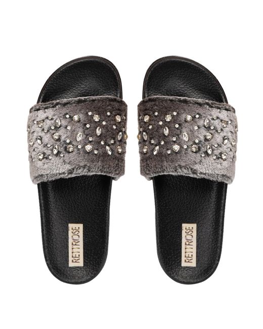 Rettrose Black Sienna Luxury Plush Diamanté Embellished Handmade Sliders