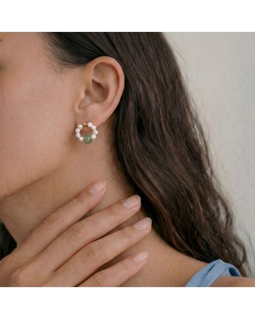 seree Green Isa Beaded Pearl Jade Hoop Earrings