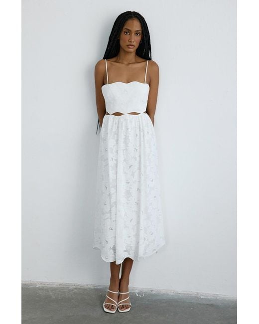 Rue Les Createurs White Thin Strap Midi Flared Dress