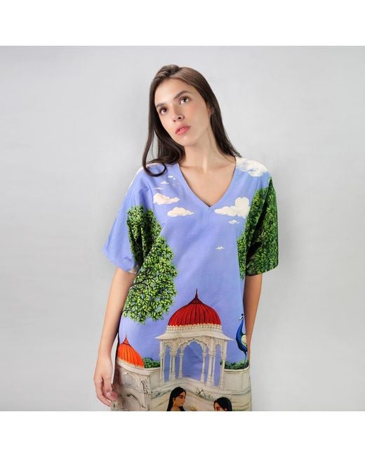 DHARA SHETH DUBAI Blue Saanjh Heritage Art Print Long Cotton Kaftan Dress