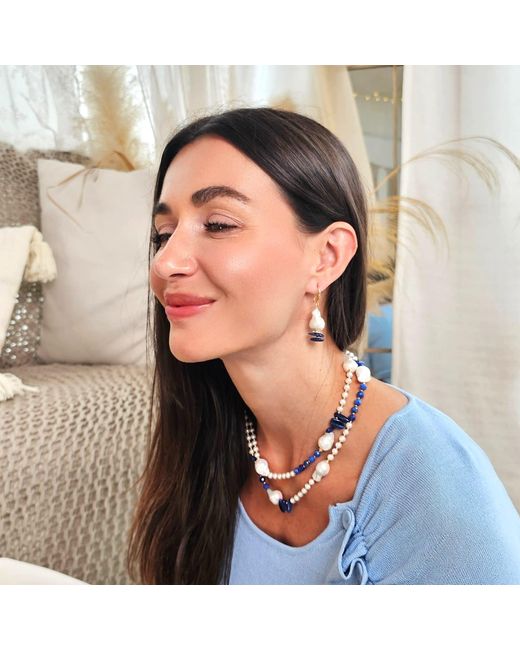 Farra White Elegant Baroque Pearl With Kyanite Earrings