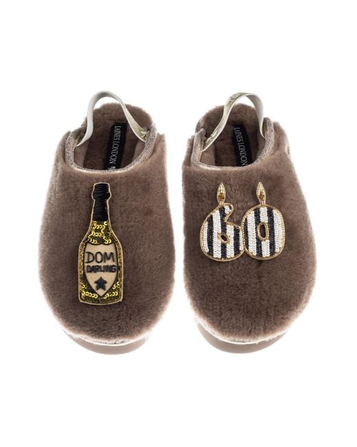 Laines London Brown Neutrals Flatform Cloud Closed Toe Slippers With Stripe 60Th Birthday & Dom Darling Brooches
