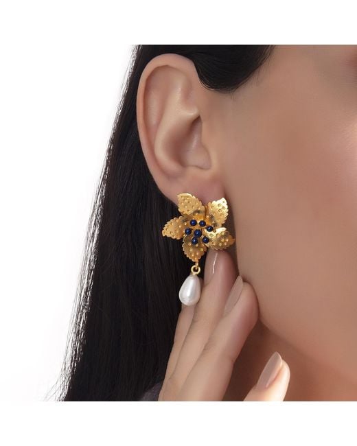 Milou Jewelry Metallic Flower Pearl Drop Earrings