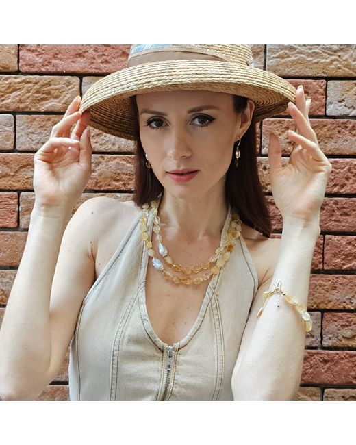 Farra Metallic Faceted Citrine With Baroque Pearl Adjustable Bracelet