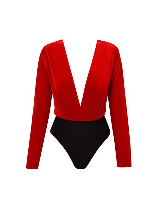 LIA ARAM Red Two-Tone Velvet Bodysuit