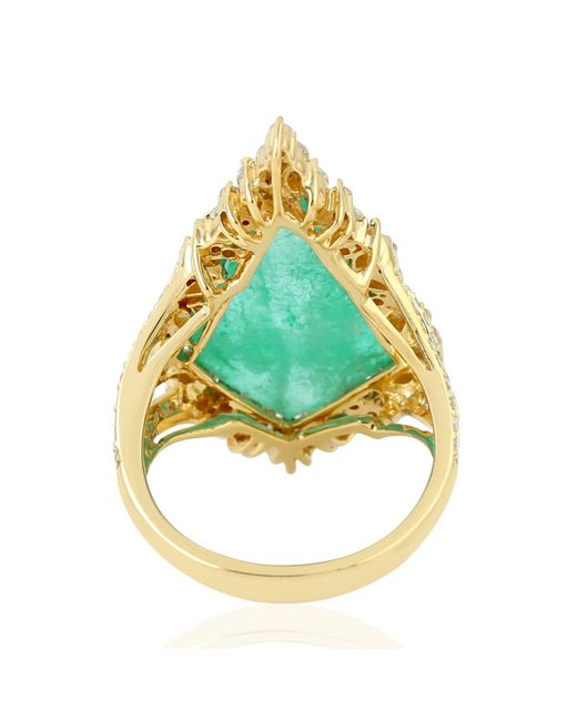 Artisan Green Natural Emerald Marquise Diamond Dangle Cocktail Ring Yellow Gold Jewelry