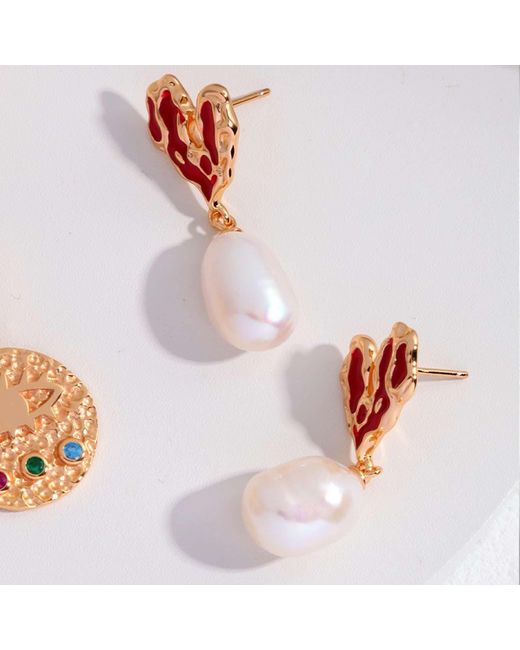 Angel Barocco Red Heart Drip Glaze Large Pearl Earrings
