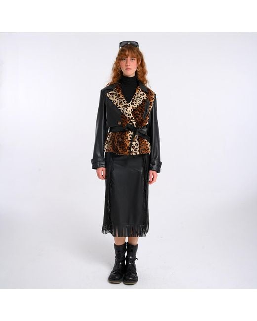 Lalipop Design Black Vegan Leather Midi Fringe Skirt