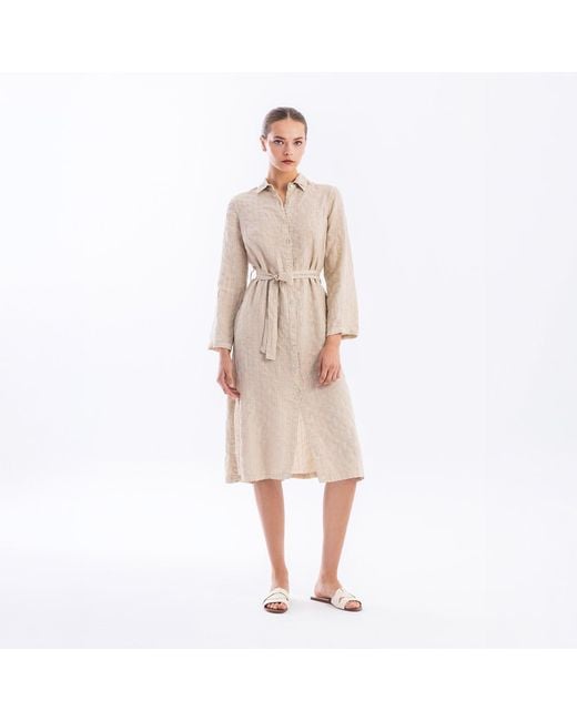 Haris Cotton Natural Neutrals Striped Linen Button Front Long Sleeved Shirtdress With Belt Beach Sand