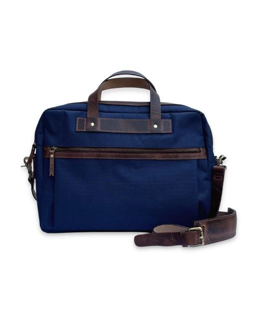 VIDA VIDA Blue Nylon & Leather Trim Laptop Bag for men
