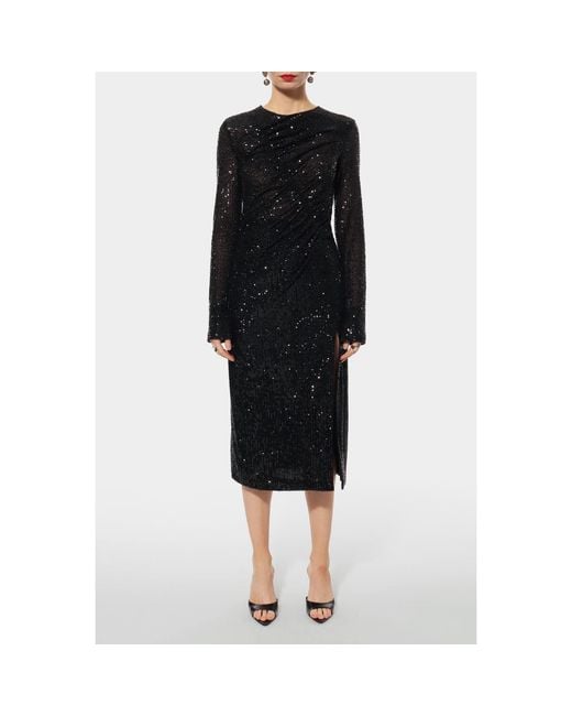 AGGI by HALEWSKI Black Madlen Sparkle Sequined Midi Dress With Long Sleeve