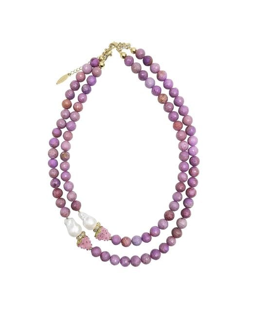Farra Pink Sugilite With Baroque Pearls And Raspberry Double Layers Necklace