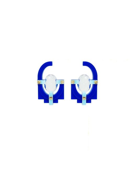 Gissa Bicalho Blue Handmade Acrylic Earring With Oval Cut Stone