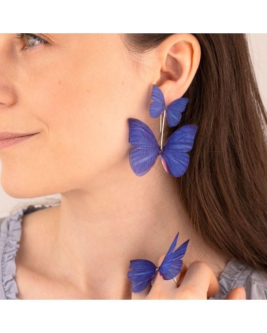 Oana Savu Blue Dark Silk Butterfly Earrings Sterling Statement Dangle Ear Wires