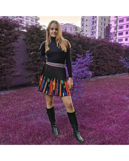 Lalipop Design Red Black Mini Pleated Skirt With Colorful House Prints