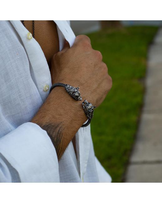 Ebru Jewelry Metallic Twin Wolf Sterling Bold Bracelet for men