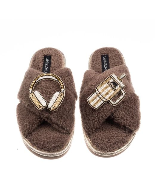 Laines London Brown Neutrals Laines Neutral Boucle Slippers With Headphones & Quencher Brooches