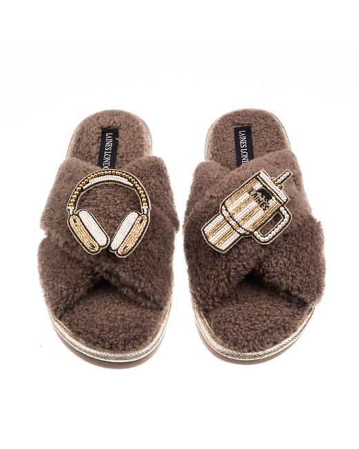 Laines London Brown Neutrals Laines Neutral Boucle Slippers With Headphones & Quencher Brooches