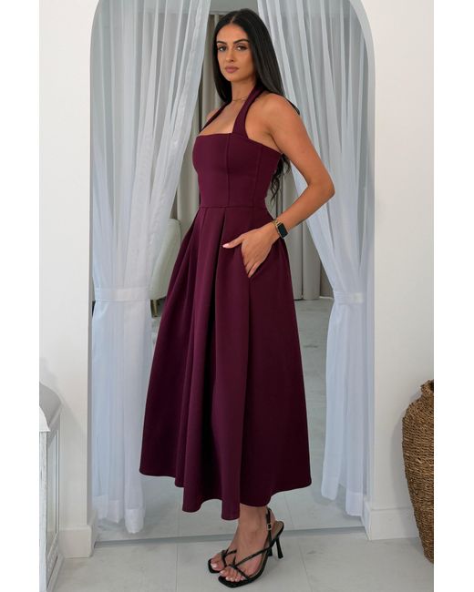Girl In Mind Purple Briar Halterneck Pleated Skirt Midi Dress Plum