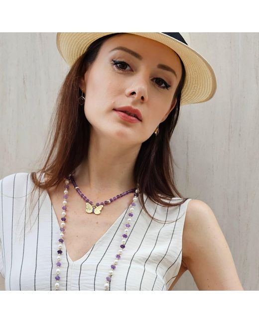 Farra Metallic Amethyst With Butterfly Pendant Necklace