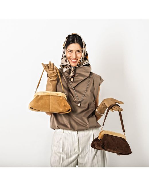 Tarea Studio Brown Neutrals Camel Bella Suede Leather Bag