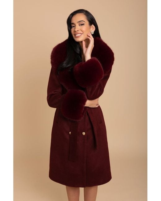 Santinni Red Luxurious Cashmere-Wool Coat With Faux Fur