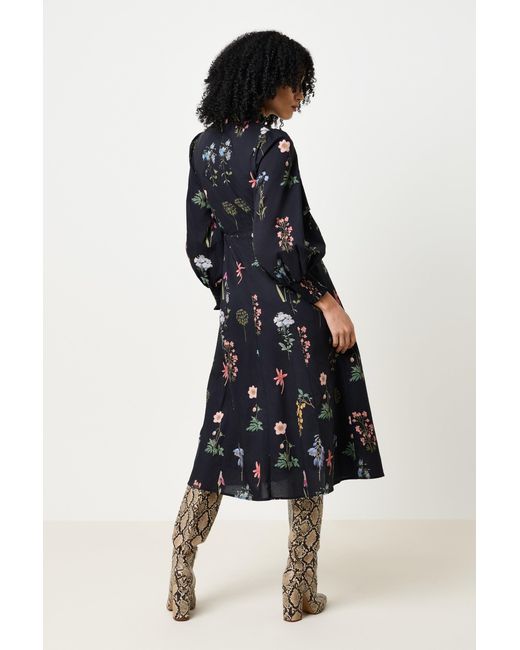 Louche Black Jessie Flower Press Print Frill Neck Midi Dress