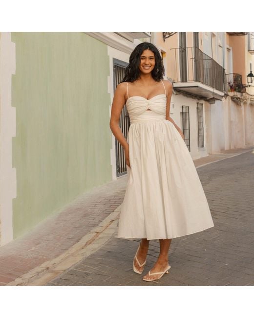 NUAJE NUAJE White Reverie Twist Front Ruched Cotton Midi Dress