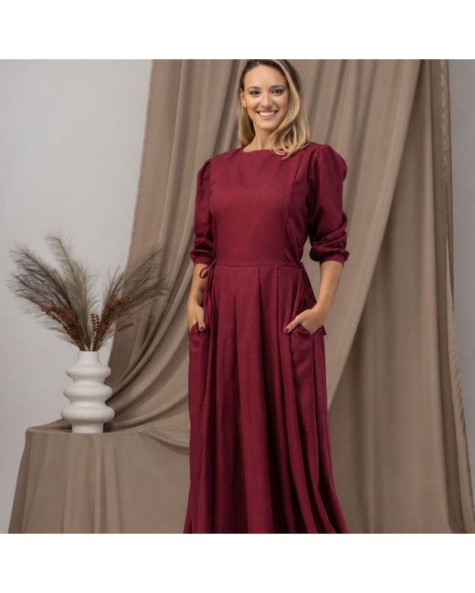 Nikka Place Red Long Linen Formal Dress With Bracelet Sleeves