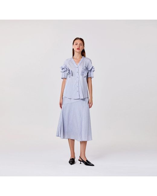 Smart and Joy White Flared Midi Skirt With Stripes