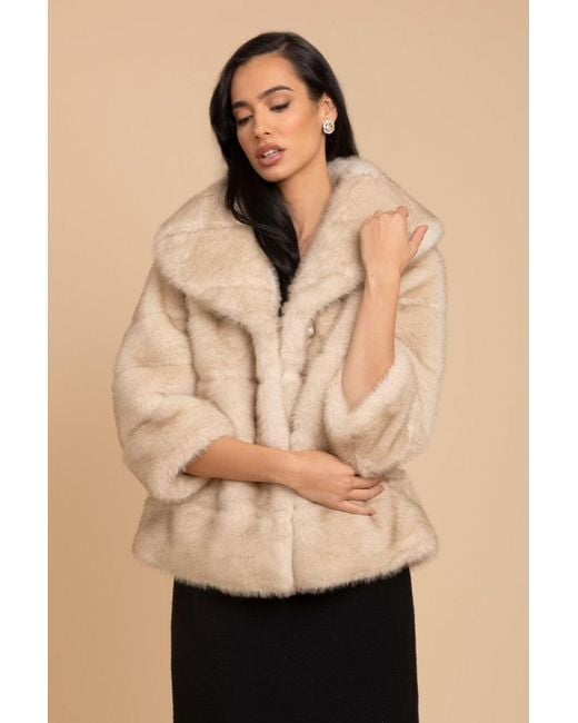 Santinni Natural Satin-Lined Faux Fur Cropped Brooch Coat