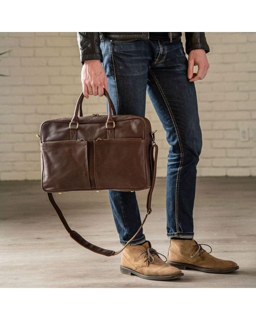 Hides Leather Co. Brown Handmade Leather Briefcase, Slim Laptop Messenger With Shoulder Strap for men