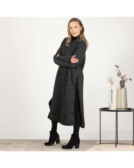 Nikka Place Black Minimalist Boiled Wool Sweater Dress With Long Sleeves And Slits