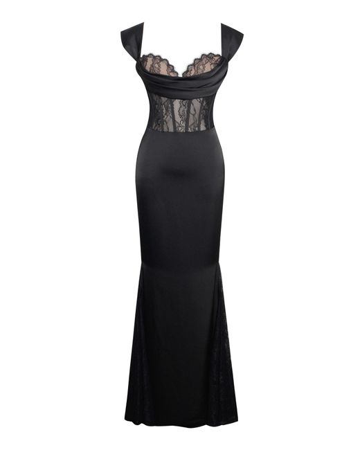 Miss Circle New York Black Callista Satin Lace Corset Maxi Dress