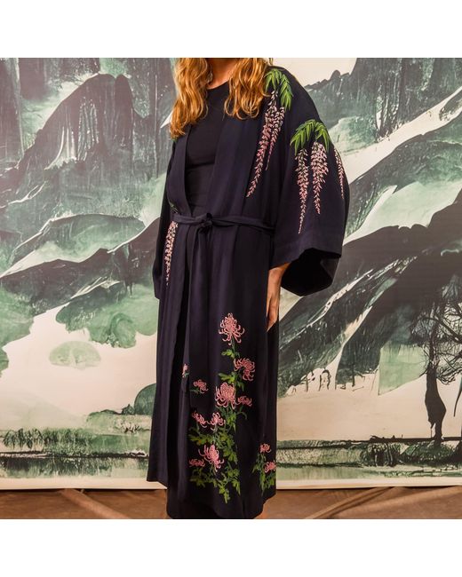 Artemis Muse Black Wisteria & Chrysanthemum Embroidered & Fully Lined Long Kimono