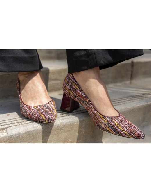 Beautiisoles by Robyn Shreiber Made in Italy Red Corina Burgundy Leather Block Heel Pump With Linen For Day & Night Wear