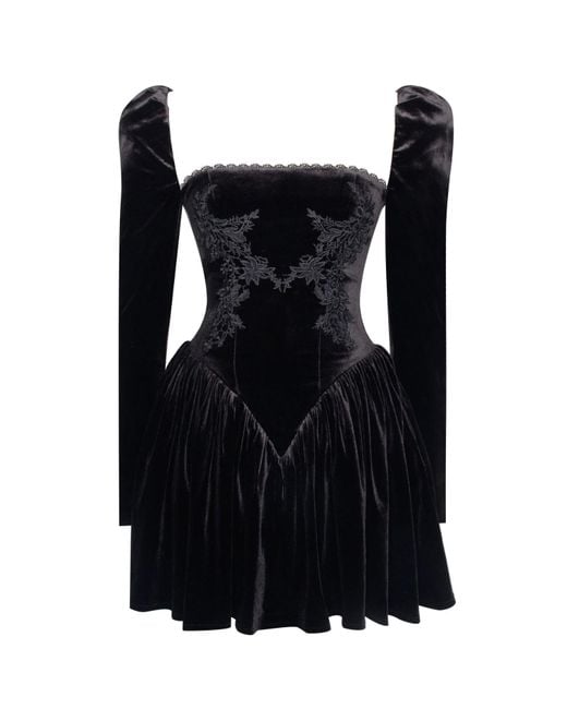 Miss Circle New York Black Yolanda Velvet Long Sleeve Mini Dress With Lace Trim