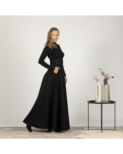Nikka Place Black Wool Floor Length Skirt With Hight Waist & Front Buttons
